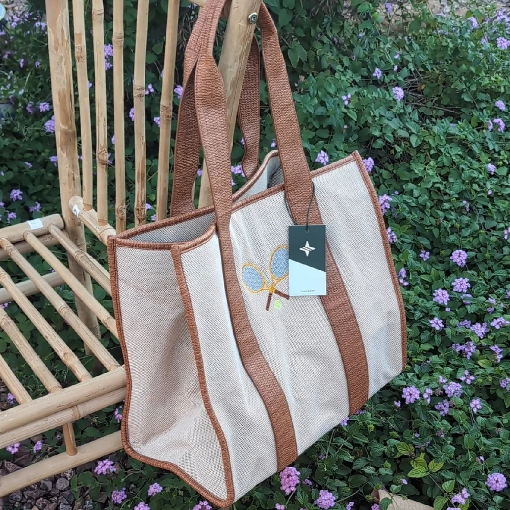 Brown and Cream Tote Bag with Tennis Racket Design