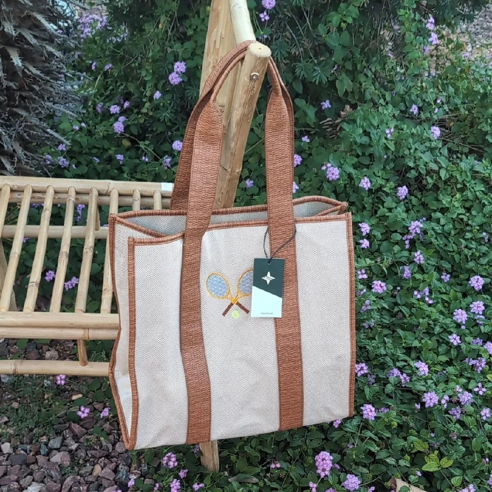 Brown and Cream Tote Bag with Tennis Racket Design