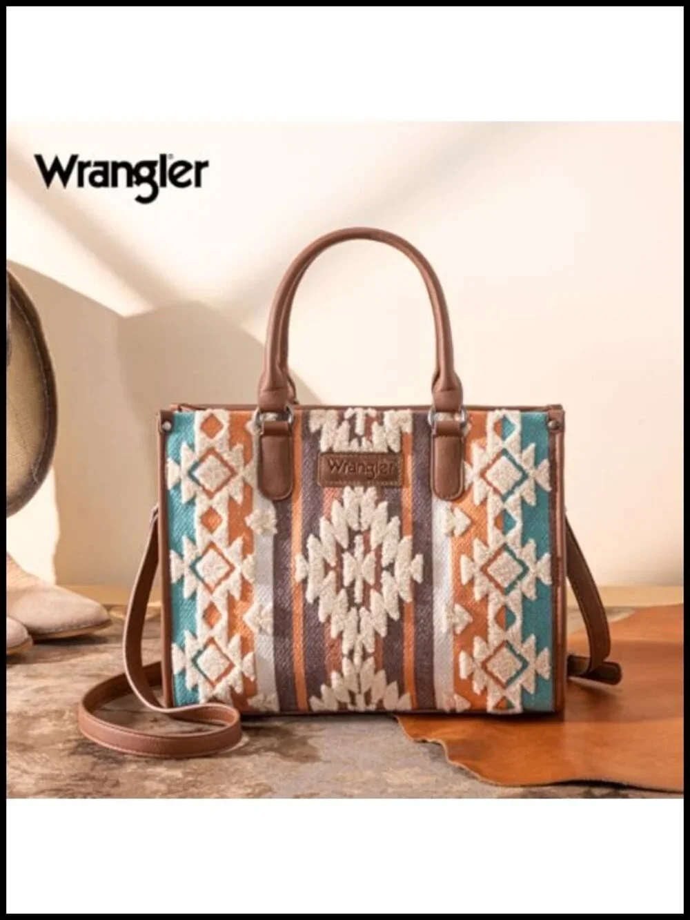 Chenille Tote Bag with Aztec Pattern Vegan Leather Crossbody