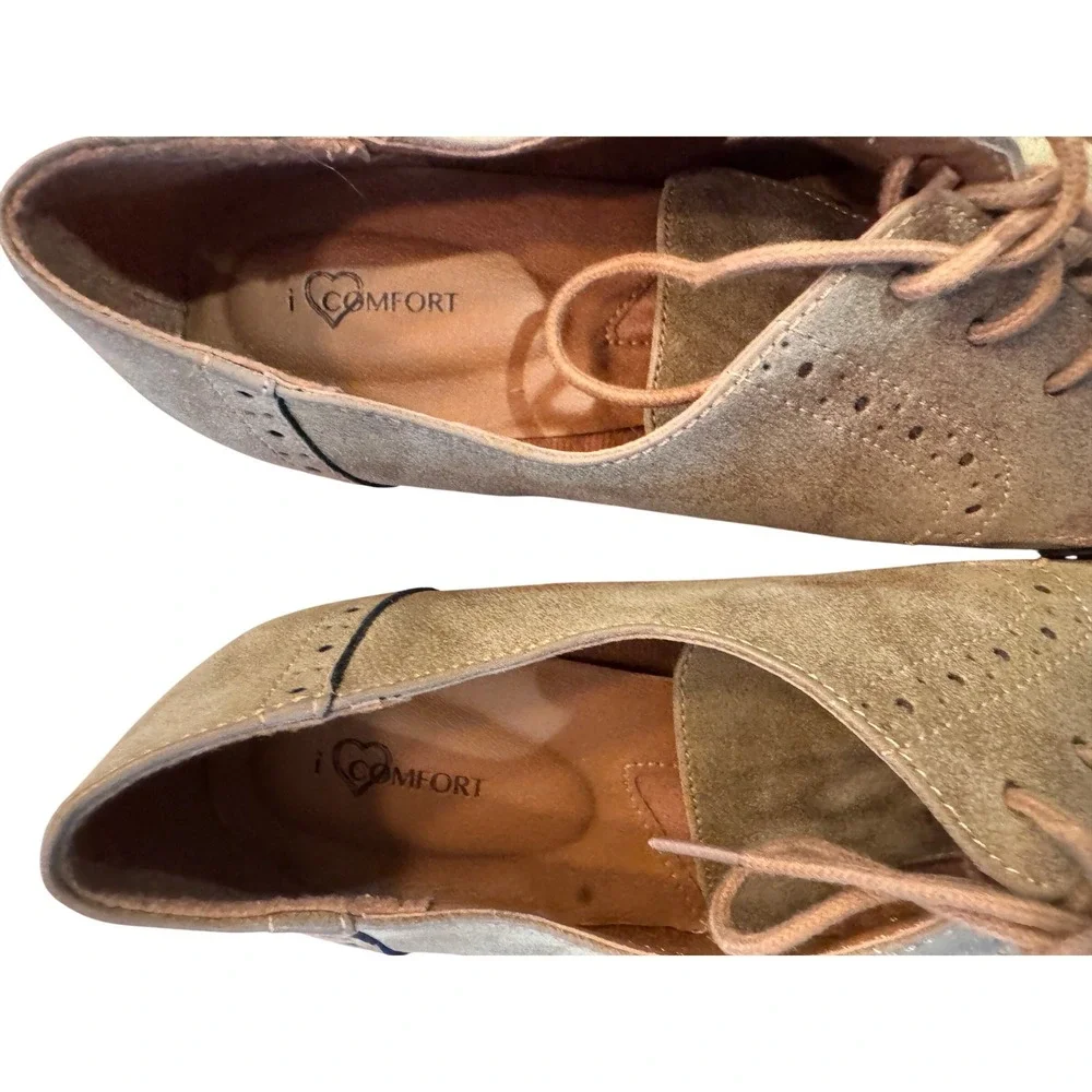 iComfort Women's Tan Suede Lace Up‎ Wingtip Block Heel Oxford Shoes Size 10