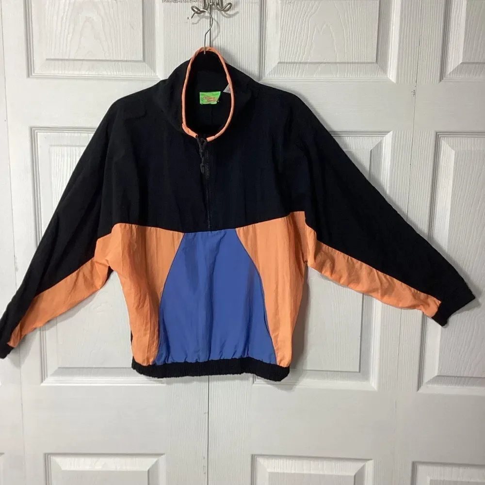 Shell Shock Brand Vintage Nylon Jacket Pullover Wing Arms Neon Orange