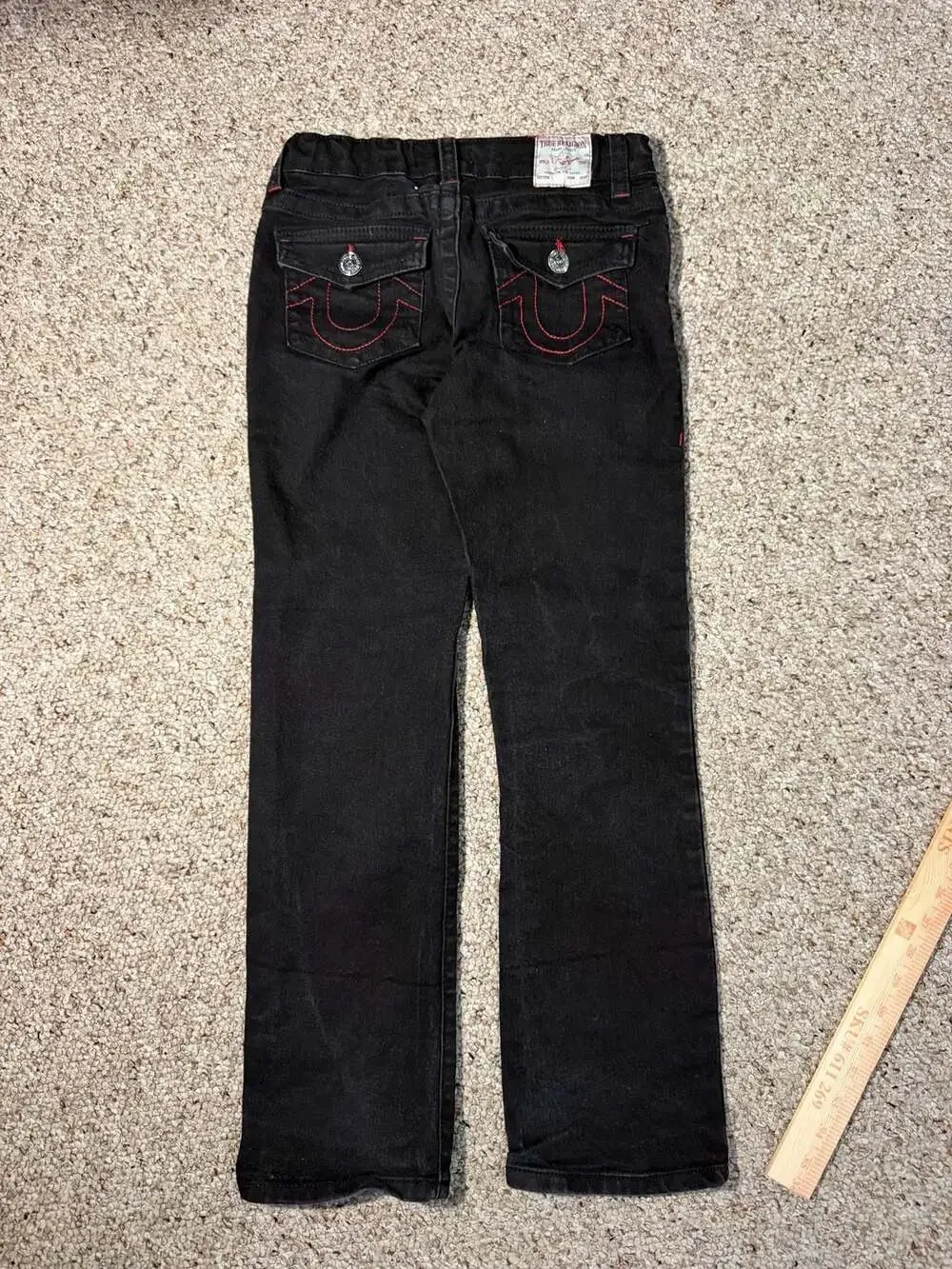 True Religion Boys Ricky Relaxed Straight Big T Black Jeans Red Stitching Size10