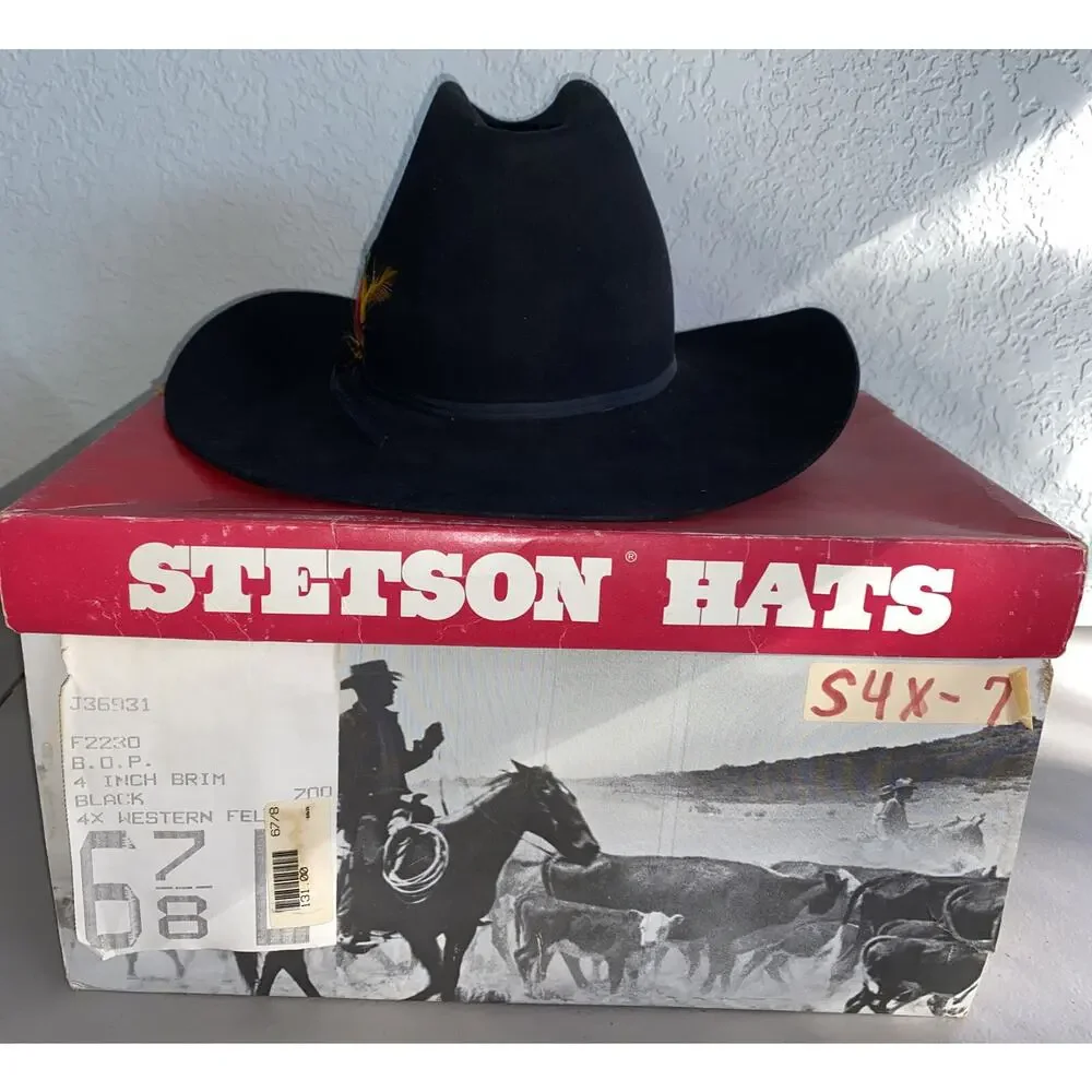 Vintage‎ John B Stetson 4X Beaver 6-7/8 XXXX Cowboy Hat Felt USA In Original Box
