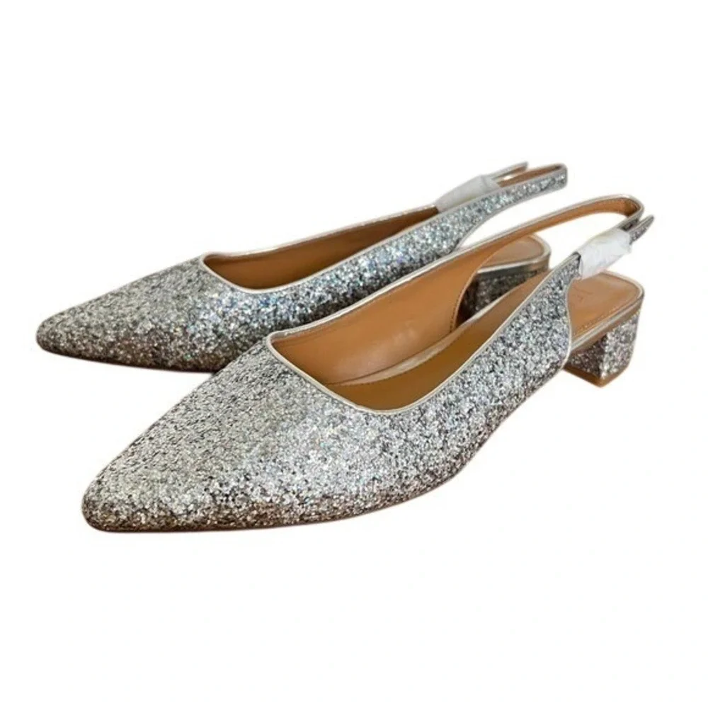 J. Crew Silver Glitter Multicolor Sling Back Pointed Party Toe Heels‎ Shoes