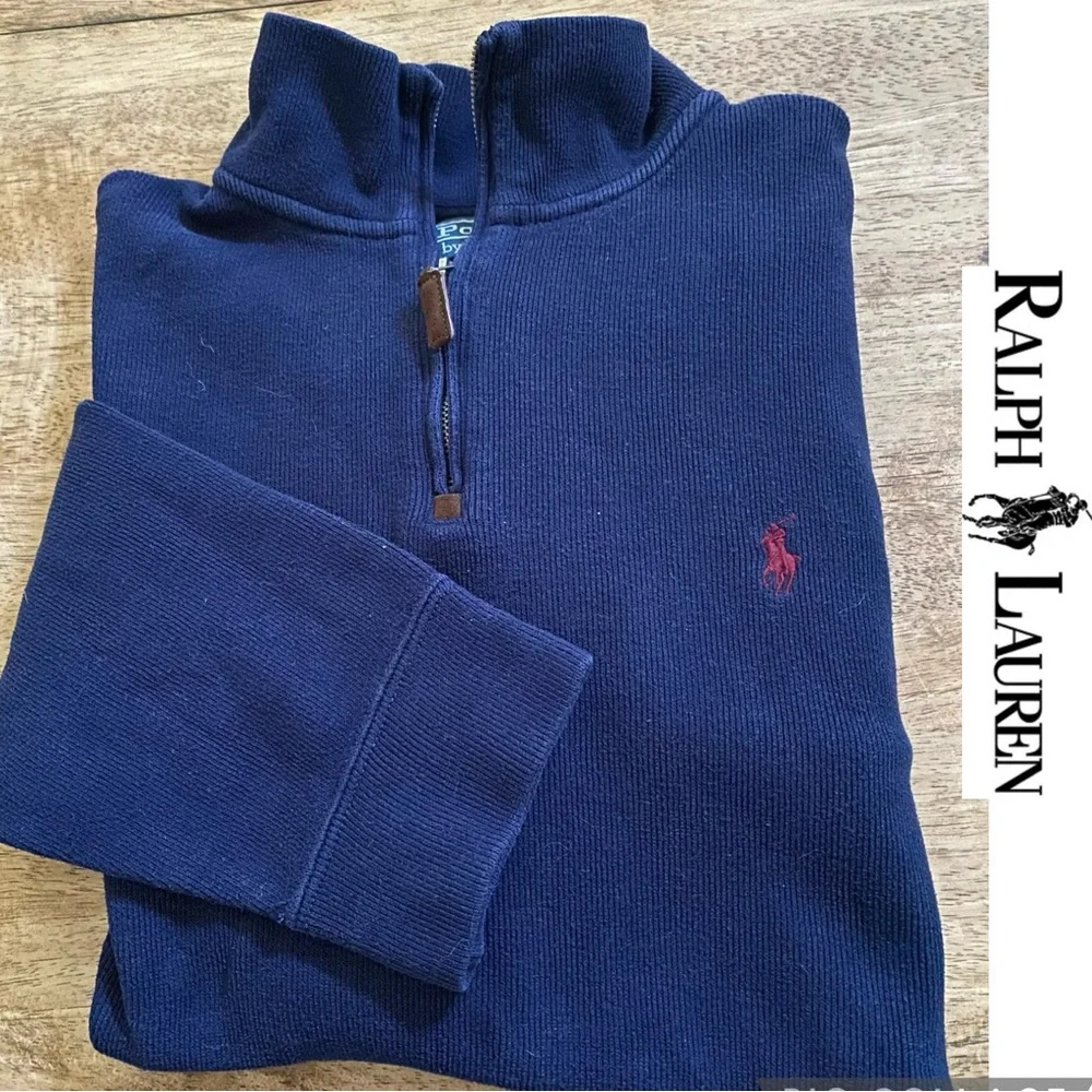 Polo by Ralph Lauren Men’s Size Large Navy Ribbed Knit Quarter Zip Pullover‎