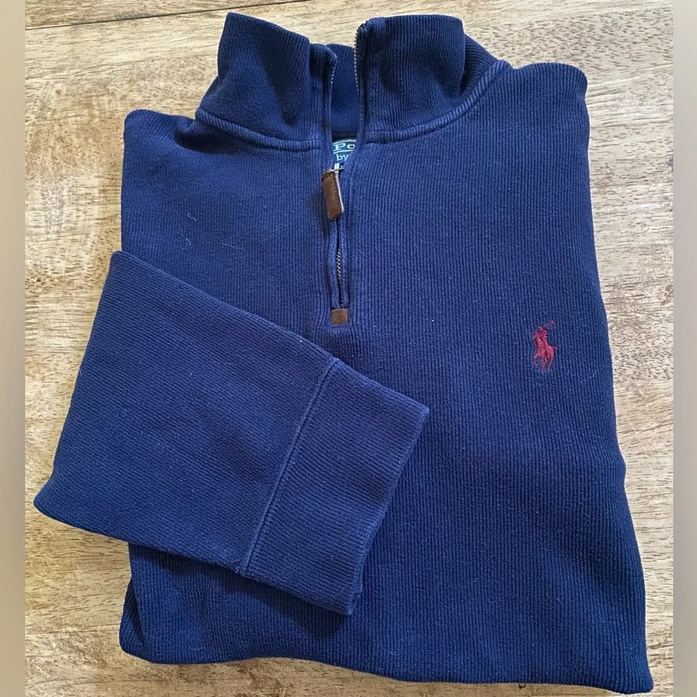 Polo by Ralph Lauren Men’s Size Large Navy Ribbed Knit Quarter Zip Pullover‎