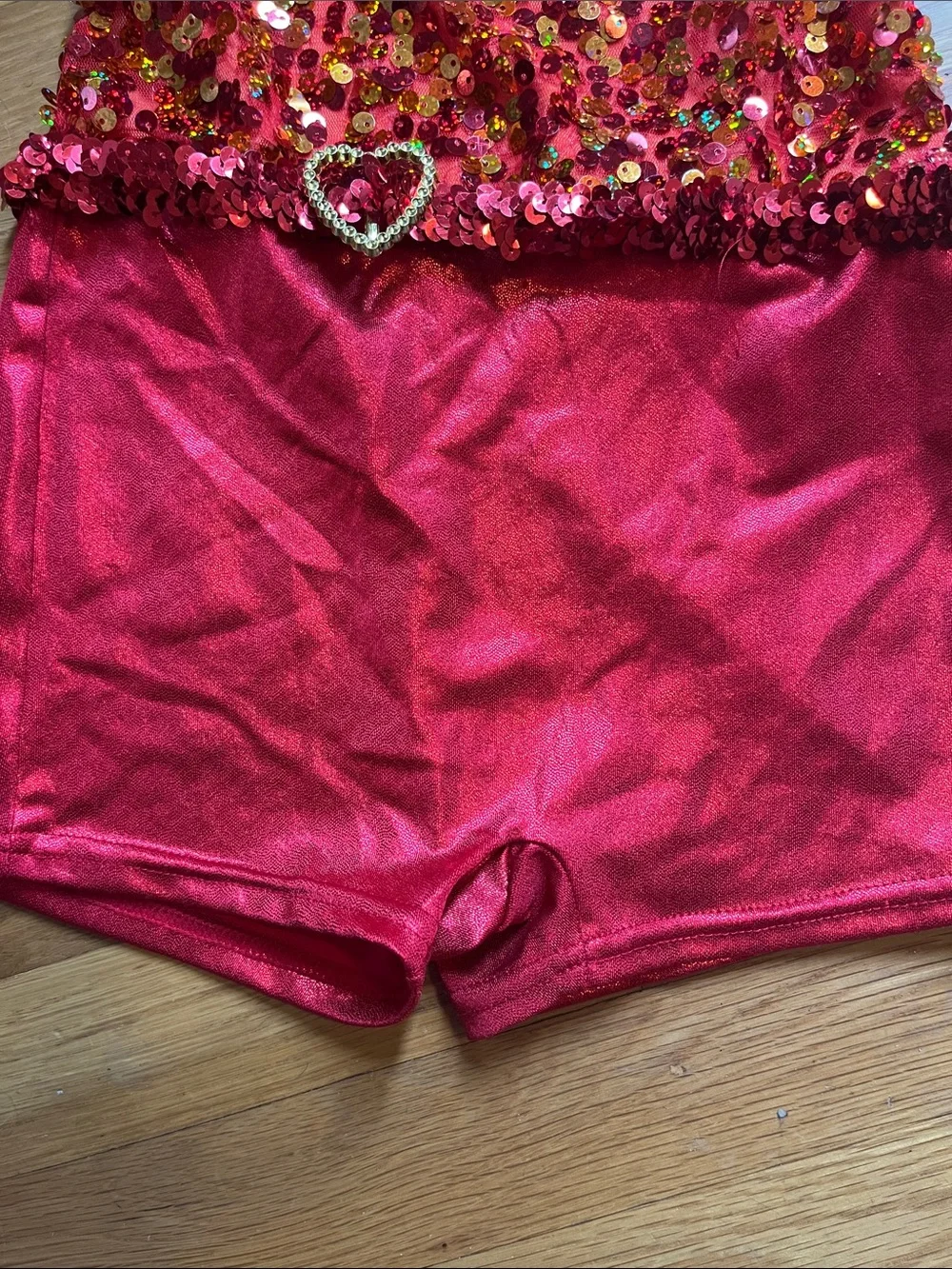 Girls Red and Orange Sequin Dance Costume with Heart Accent
