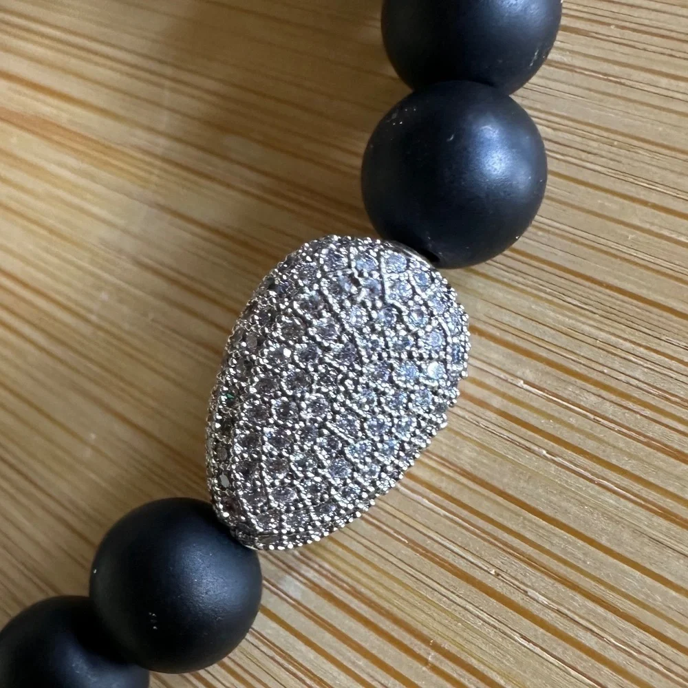 Matte 8mm Onyx w/ Hematite Stretch Bracelet & Pave Silver Crystal Spacer