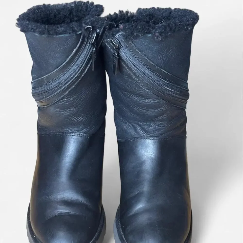 UGG Simmens Black Leather Waterproof Moto Winter Boots Women’s Size 8