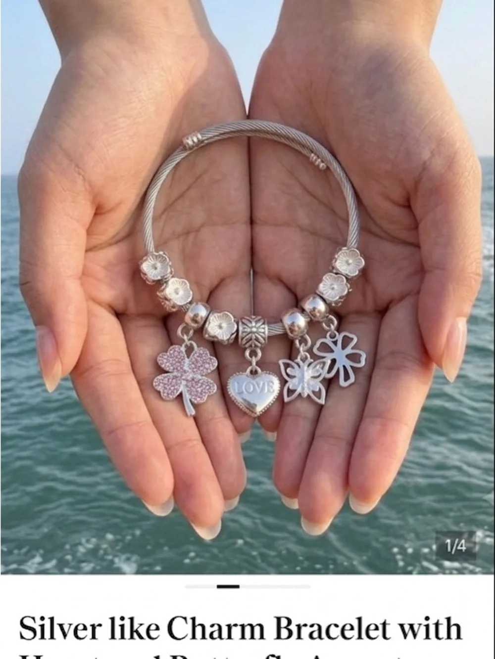 Silver like Charm Bracelet with Heart and Butterfly Accents