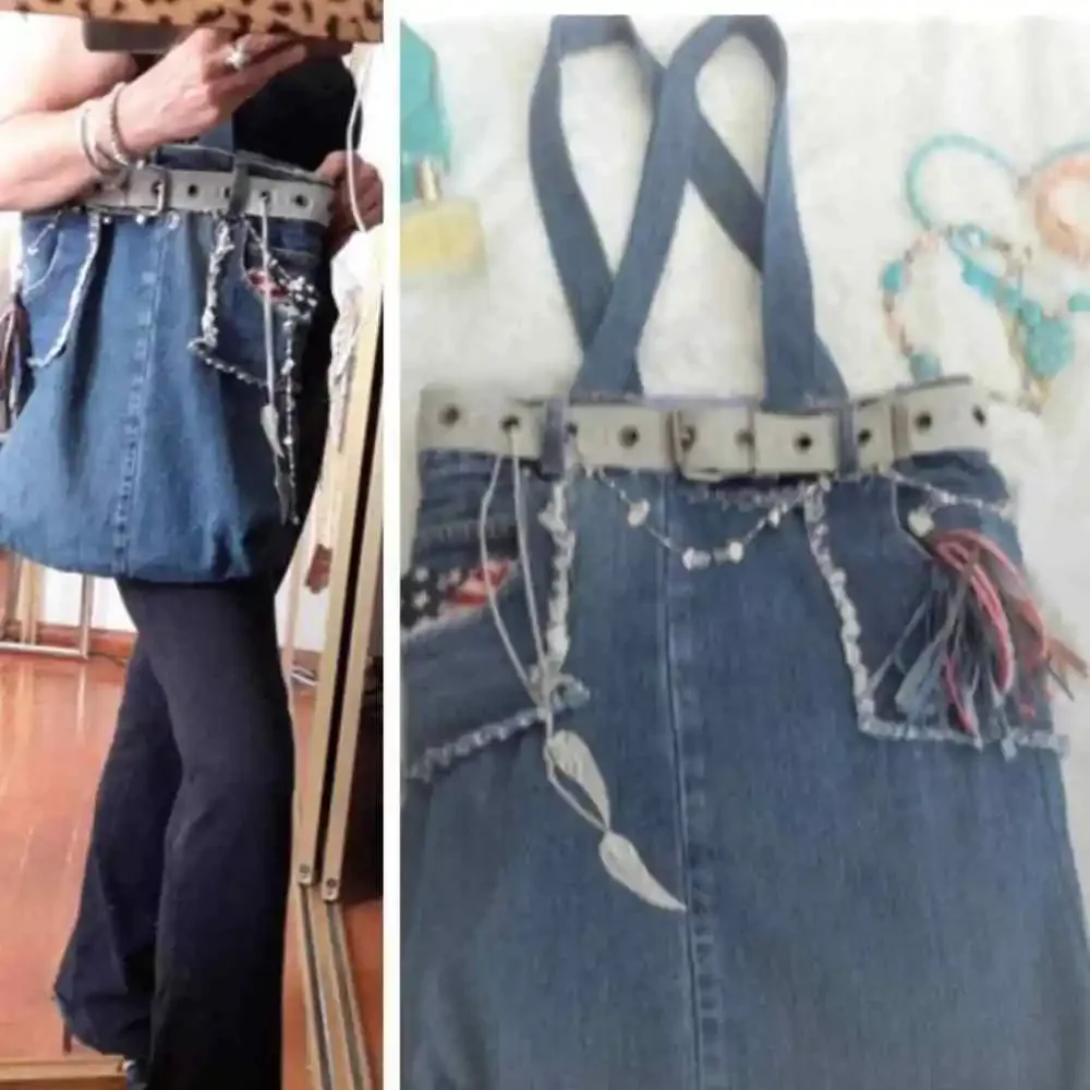 PATRIOTIC Denim Tote BEACH BAG w SILVER Chains Fancy‎ Tassel Travel Weekend