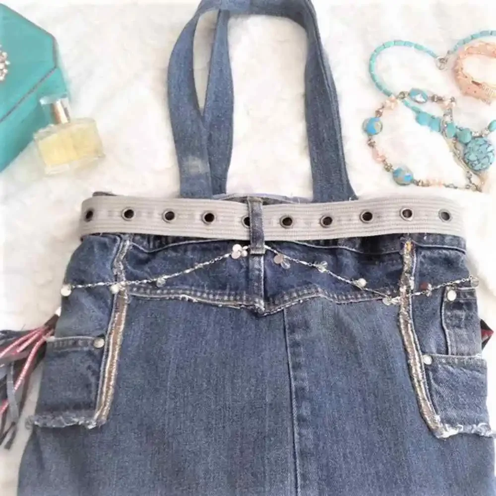 PATRIOTIC Denim Tote BEACH BAG w SILVER Chains Fancy‎ Tassel Travel Weekend
