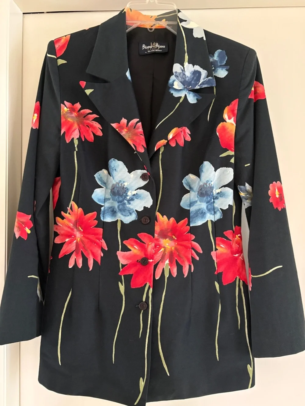 Bisou Bisou Women’s Black Blazer with Red & Blue Floral Print