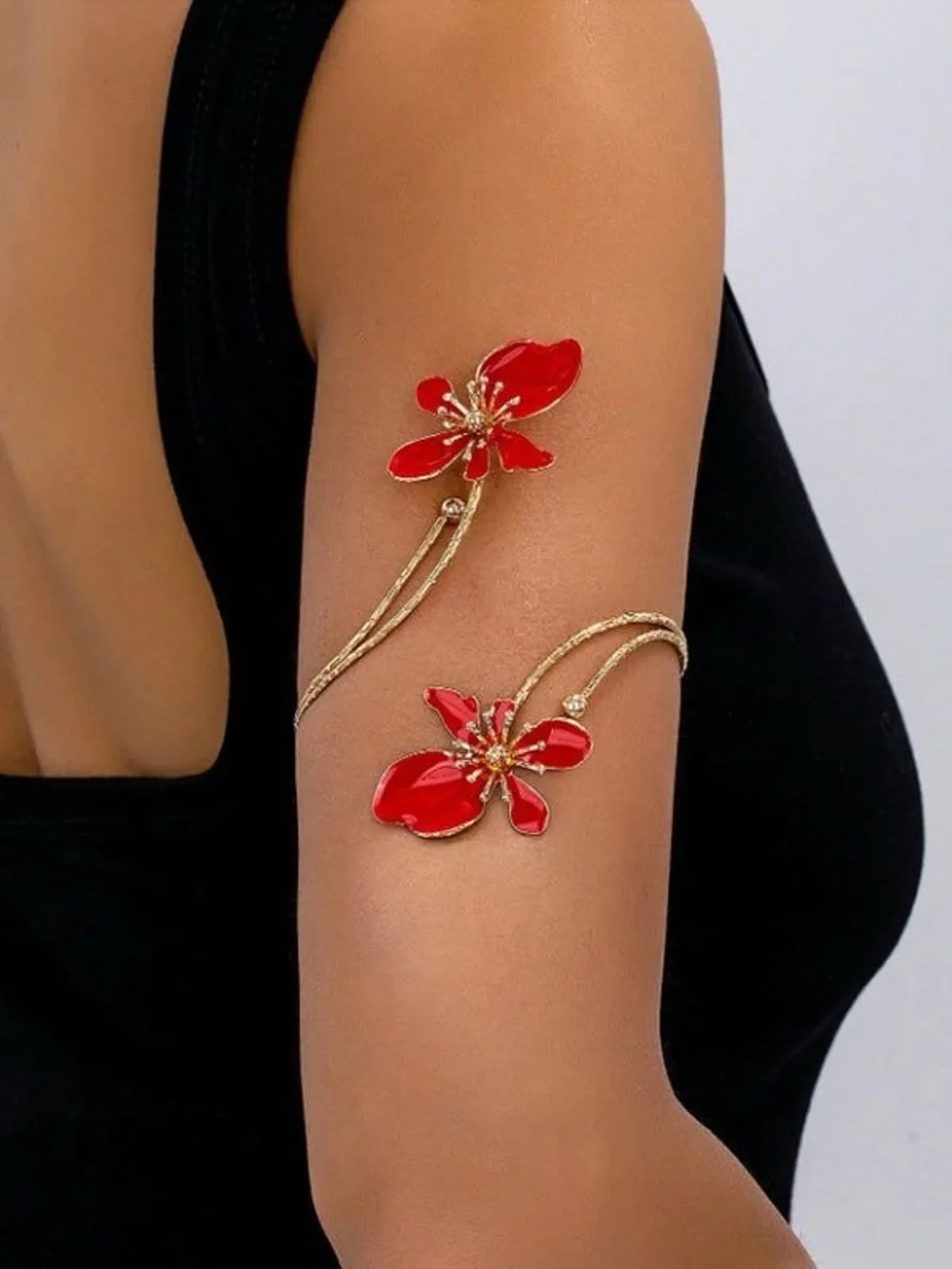 Delicate Red Floral Arm Cuff Bracelet - Gold Accent