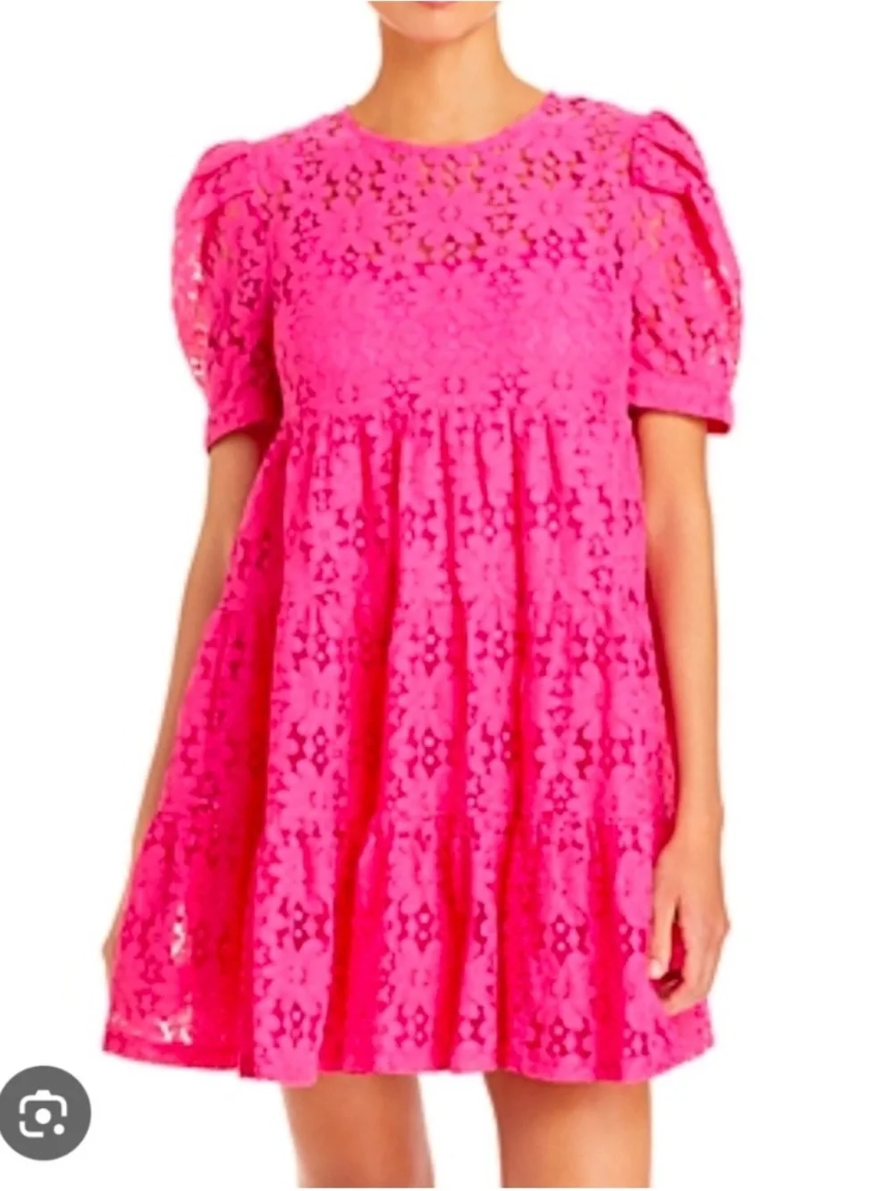 Aqua Bright Pink Lace Puff-Sleeve Babydoll Dress