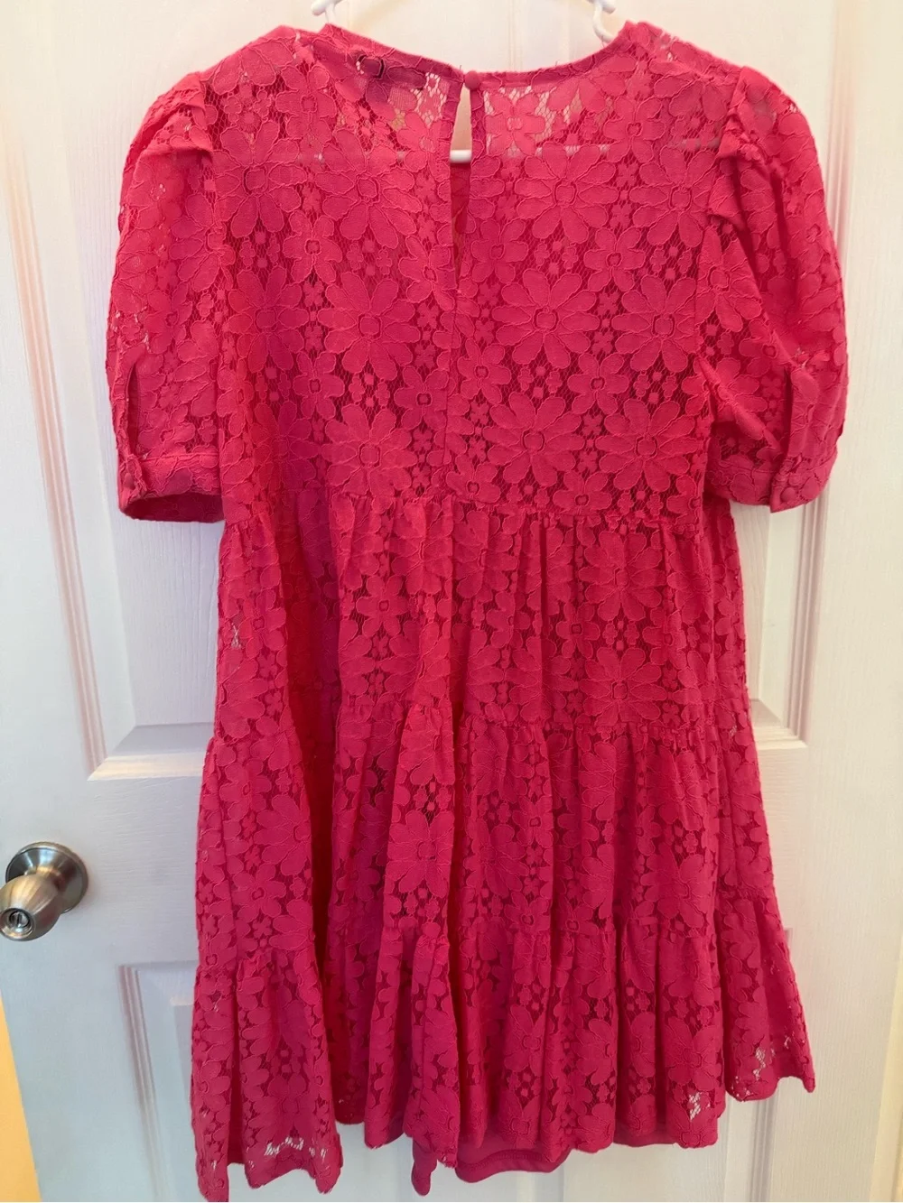 Aqua Bright Pink Lace Puff-Sleeve Babydoll Dress