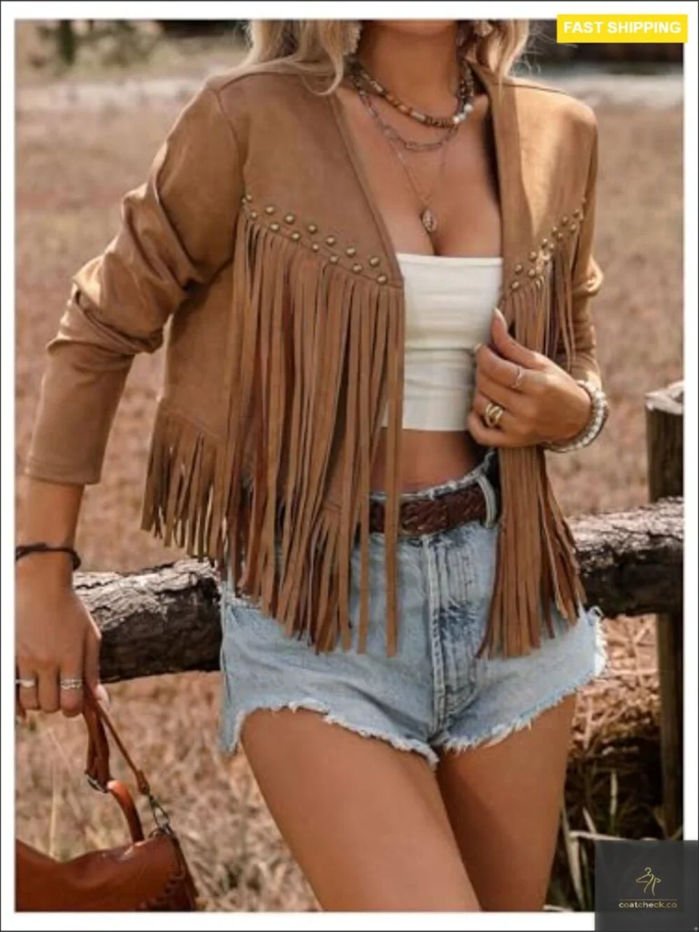 Faux Suede Fringe Trim Long Sleeve Open Front Cardigan Jacket Western Concert