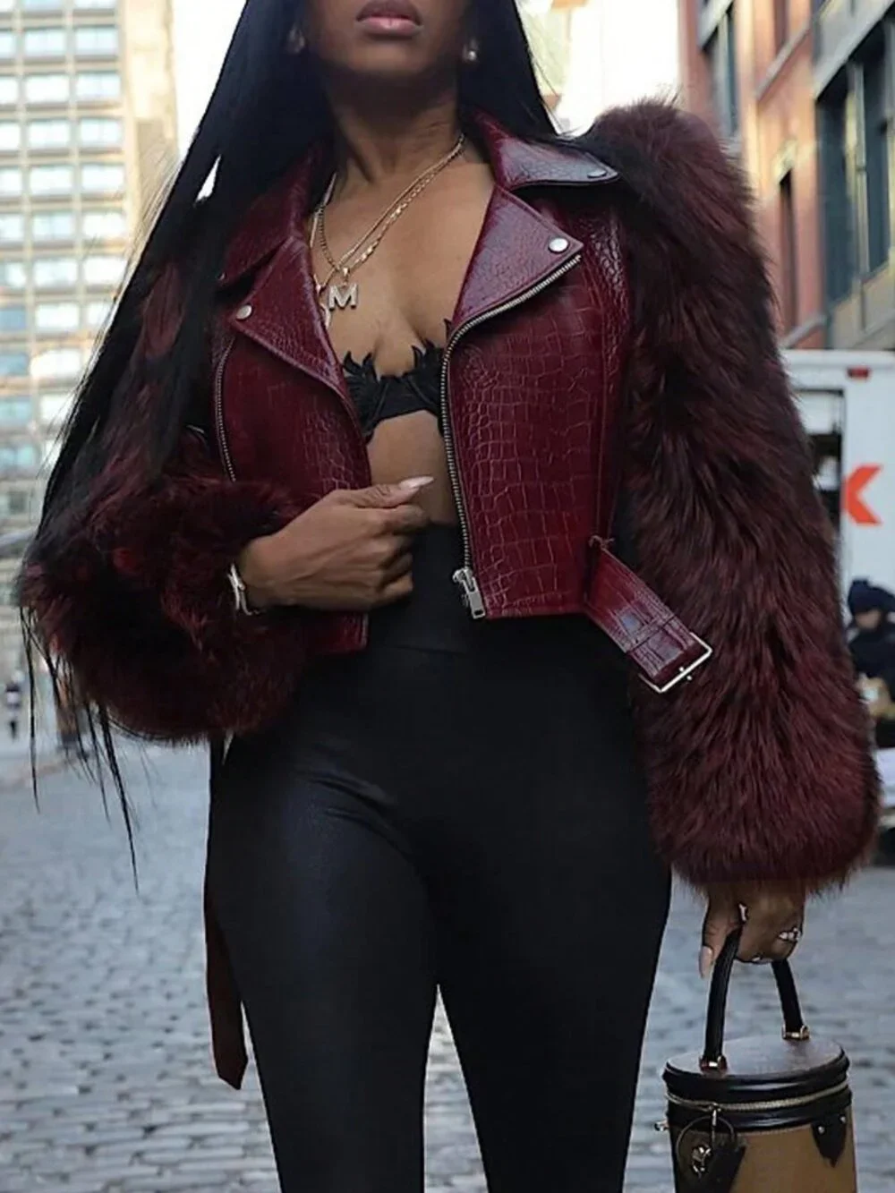 Burgundy Casual Women's Faux Fur Crocodile Jacket with Collar