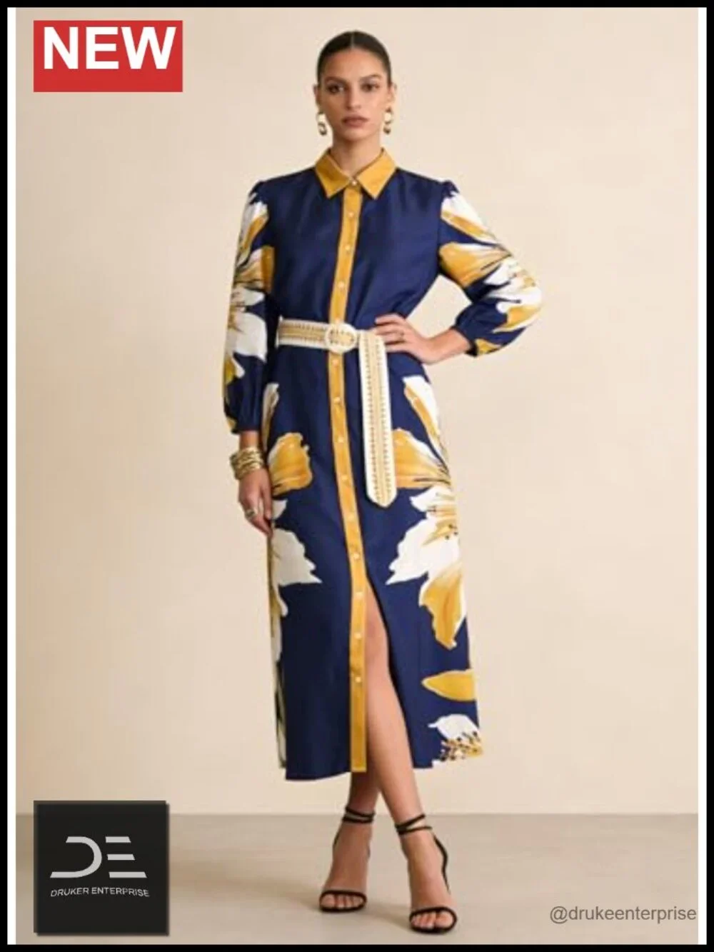 Boho Maxi Dress Long Sleeve Button Down Tie Waist Shirt Dress with Pockets