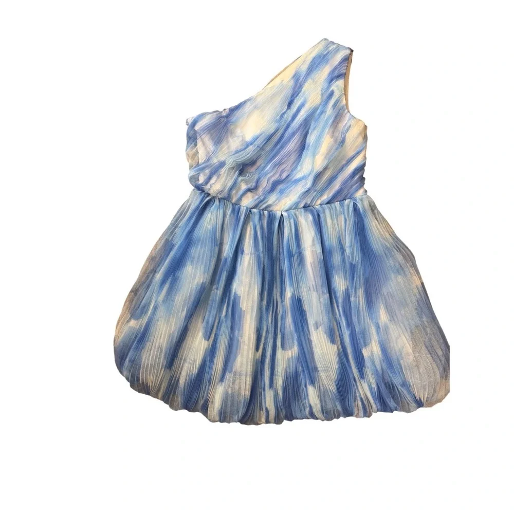 Hutch One Shoulder Bubble Mini Dress‎ Blue White Abstract Print Size 10 EUC