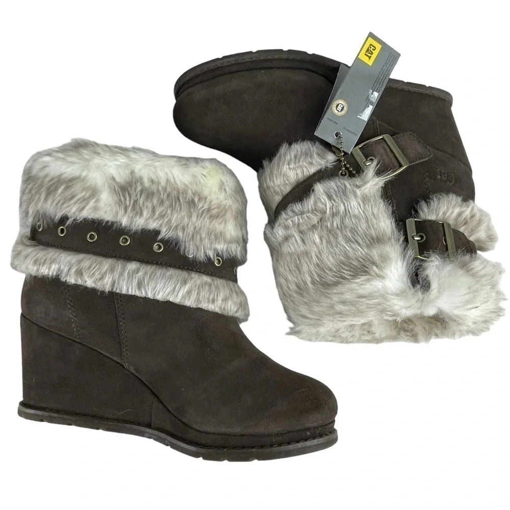 CATERPILLAR CAT BOISTEROUS FAUX FUR CAFE BROWN SUEDE WEDGE WINTER BOOTIES BOOTS