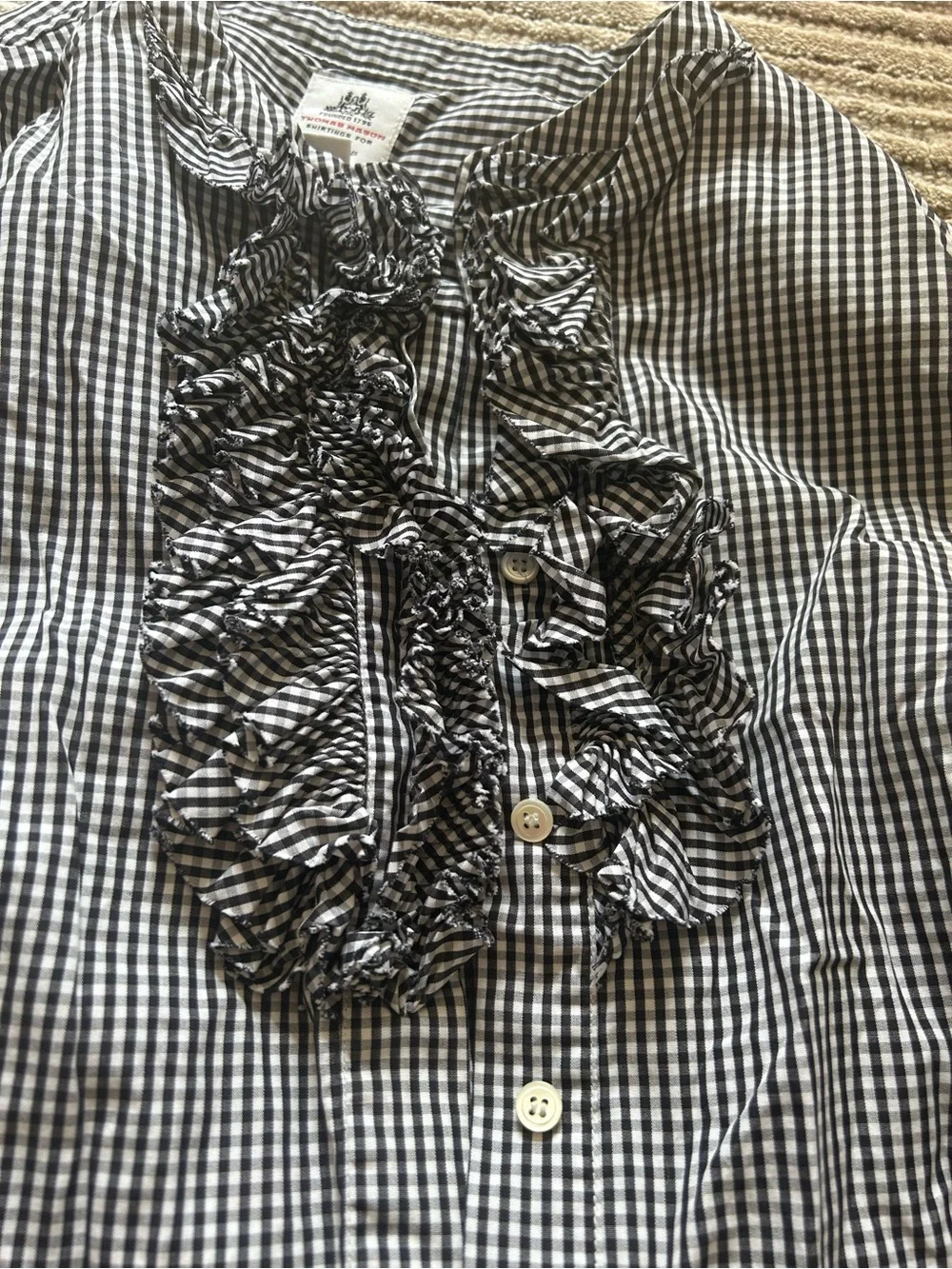 J. Crew Thomas Mason Black and White Gingham Ruffle-Front Blouse