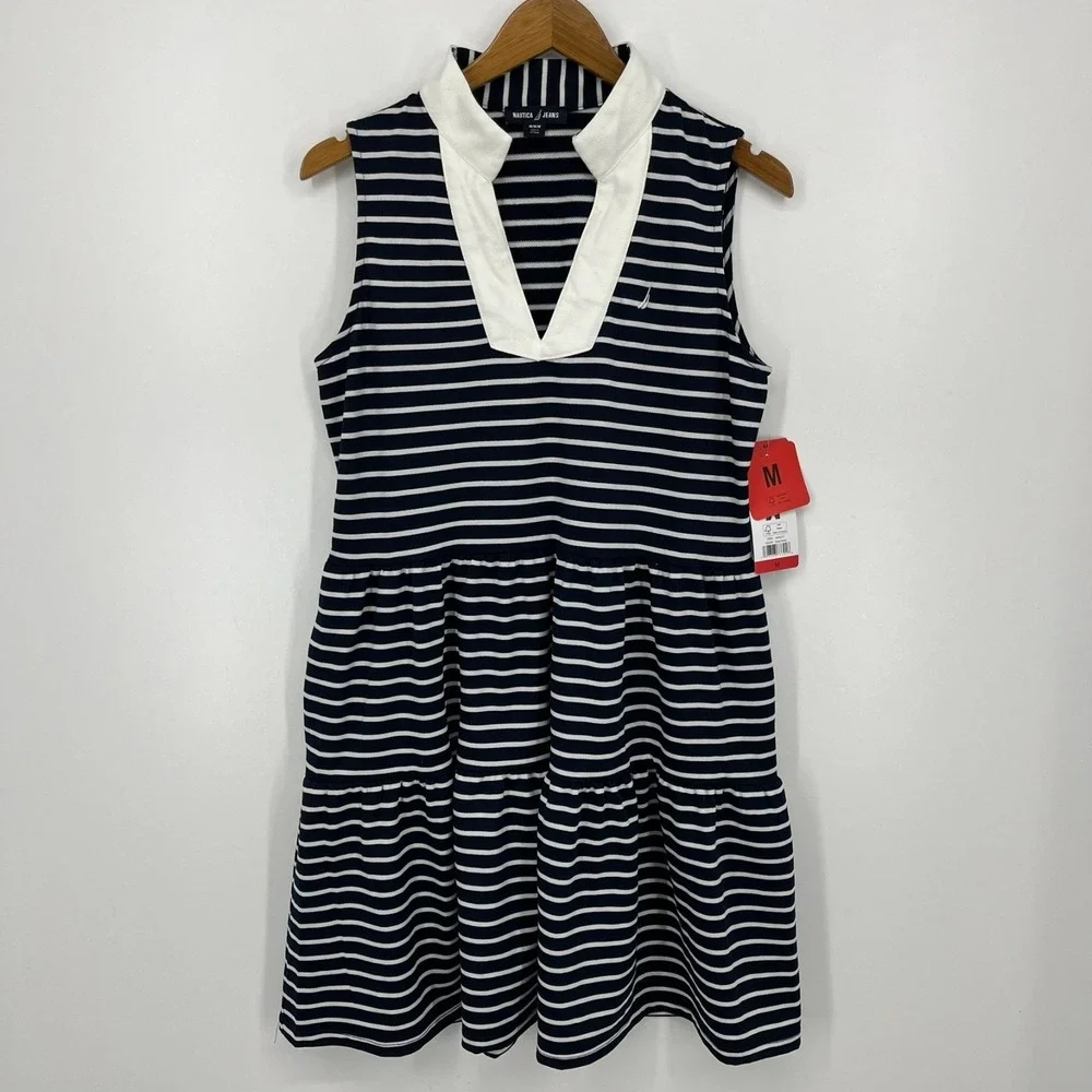 Nautica‎ Jeans Mini Dress Women's Size M Navy Blue Striped Collar New NWT