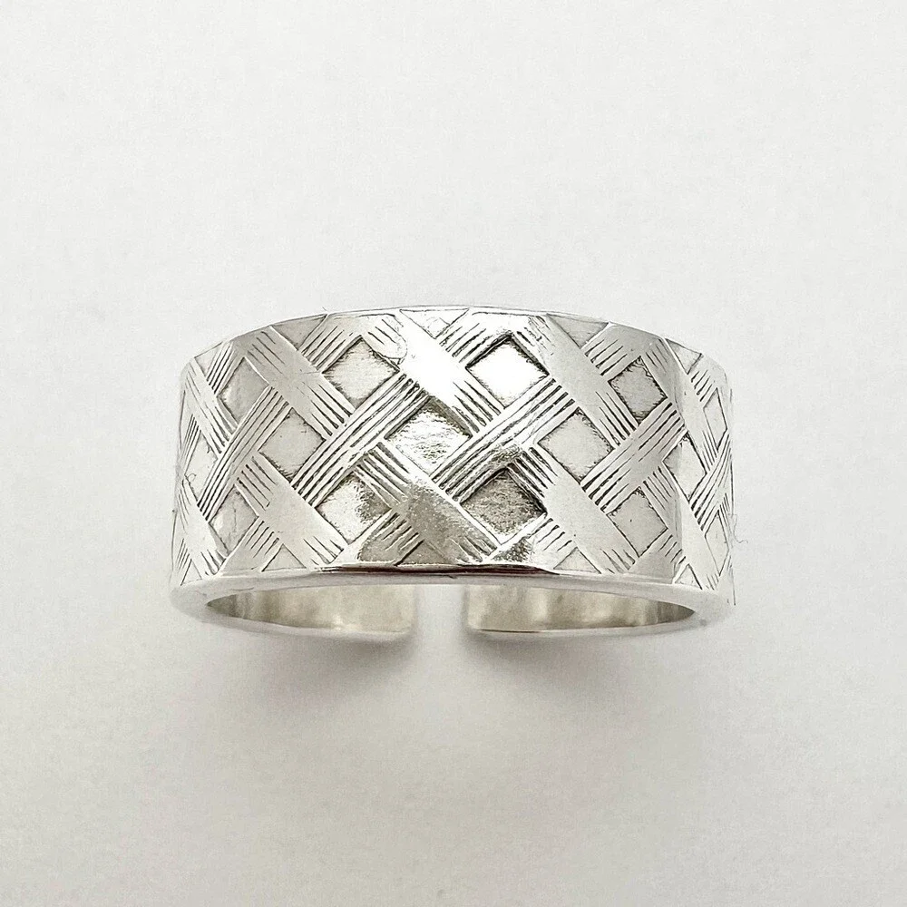 Men’s Wide Sterling Silver Plaid Textured Open Cuff Ring Cigar Band