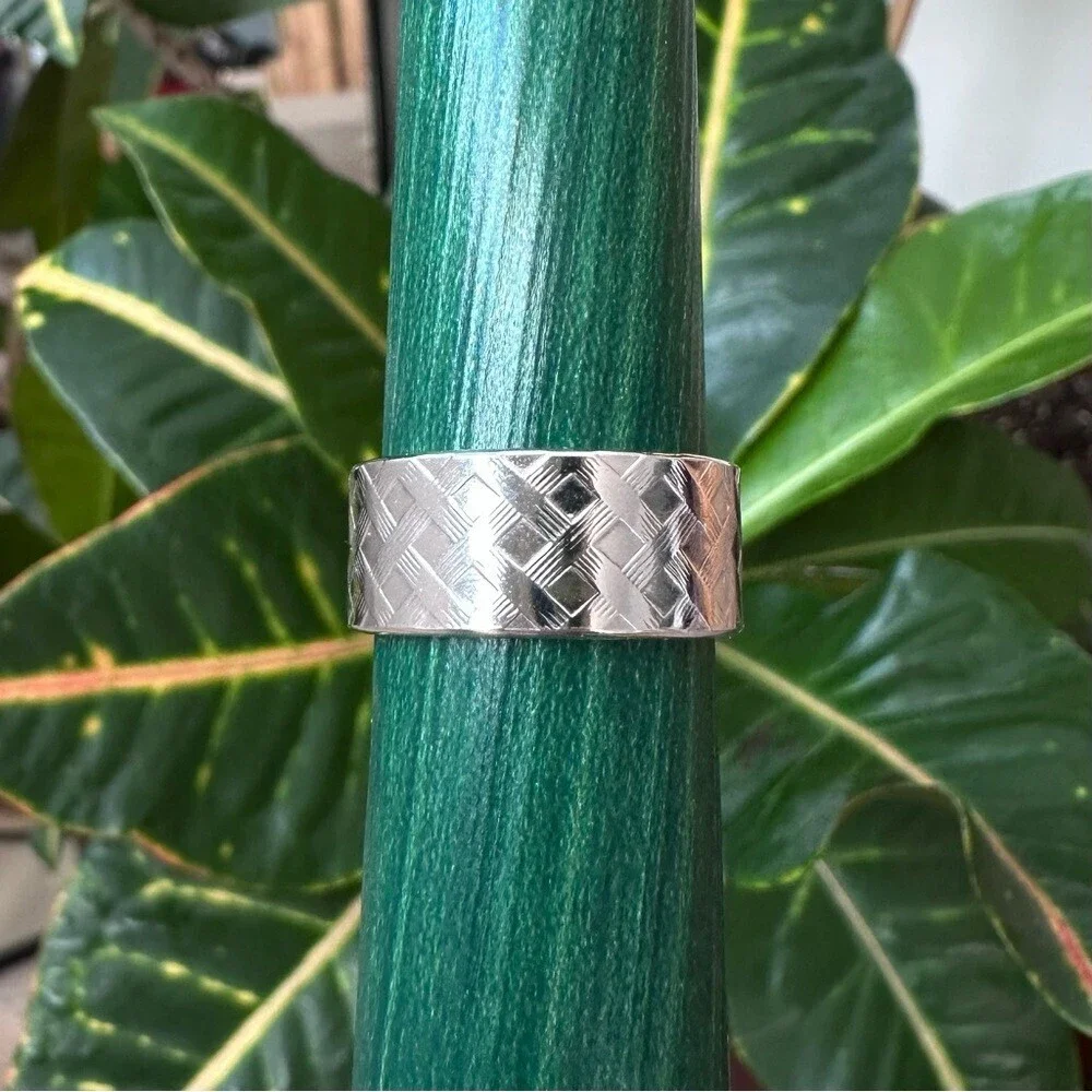 Men’s Wide Sterling Silver Plaid Textured Open Cuff Ring Cigar Band
