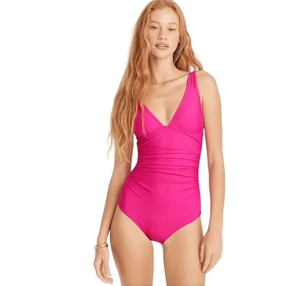 J.Crew Ruched V-Neck One Piece Swimsuit Radiant Fuchsia Pink UPF 50 NWT Size 0