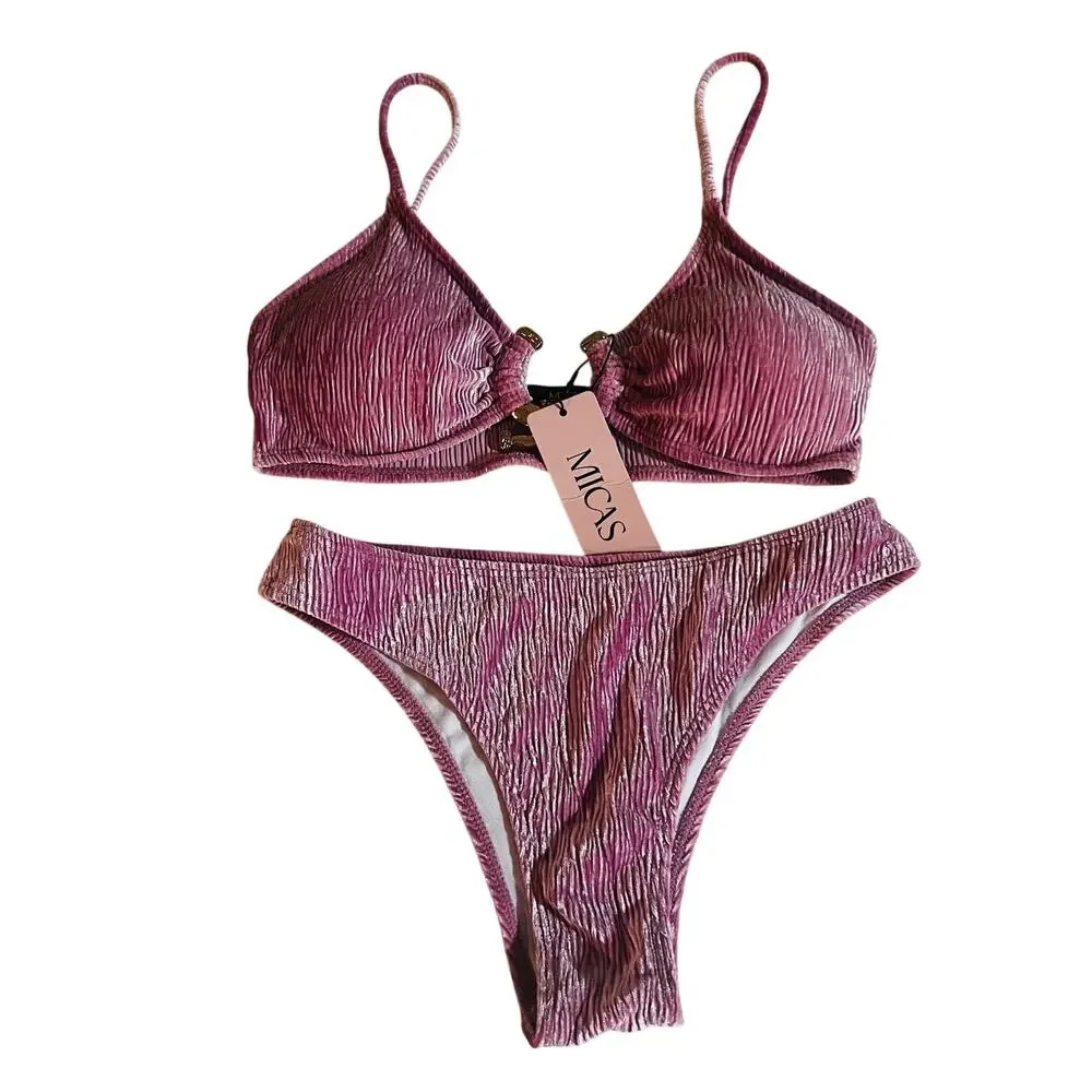 Micas Mauve Velvet Two Piece Bikini Swim Set Size L Large NWT