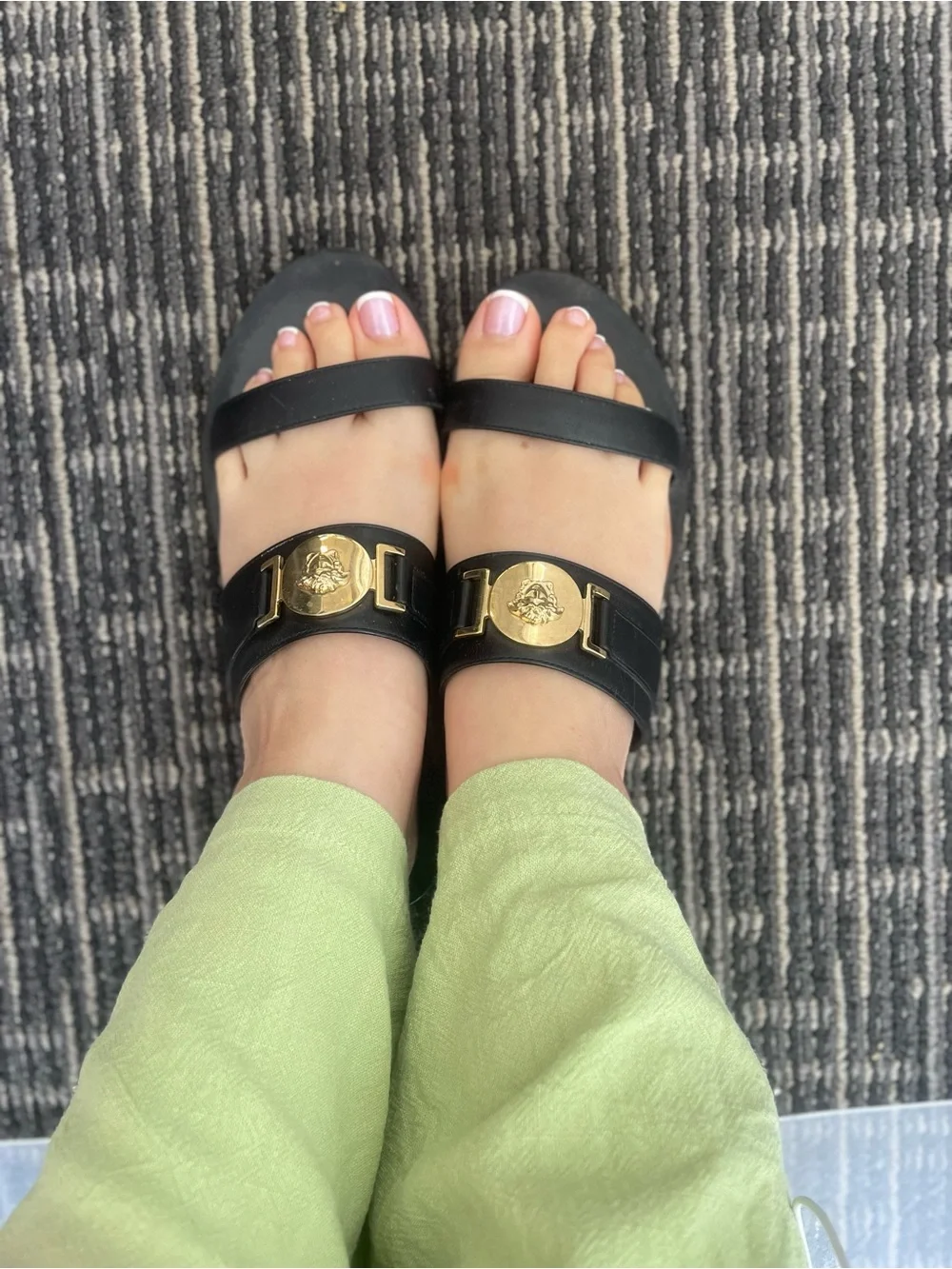 Versace Black Leather Slide Sandals with Gold Medallion