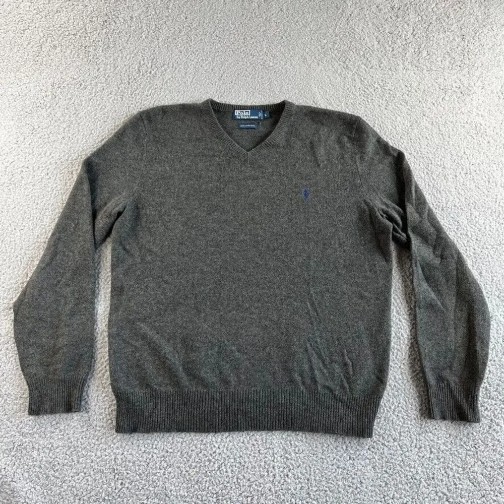 Ralph Lauren Polo Sweater Mens Large Gray Italian Yarn Lambs Wool V Neck READ‎