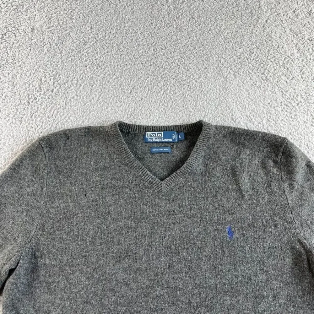 Ralph Lauren Polo Sweater Mens Large Gray Italian Yarn Lambs Wool V Neck READ‎