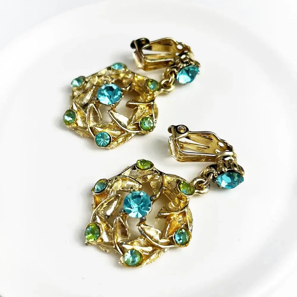 Vintage Teal Blue & Gold Tone Clip Drop Earrings