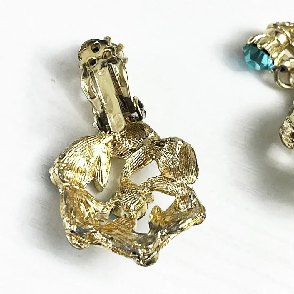 Vintage Teal Blue & Gold Tone Clip Drop Earrings