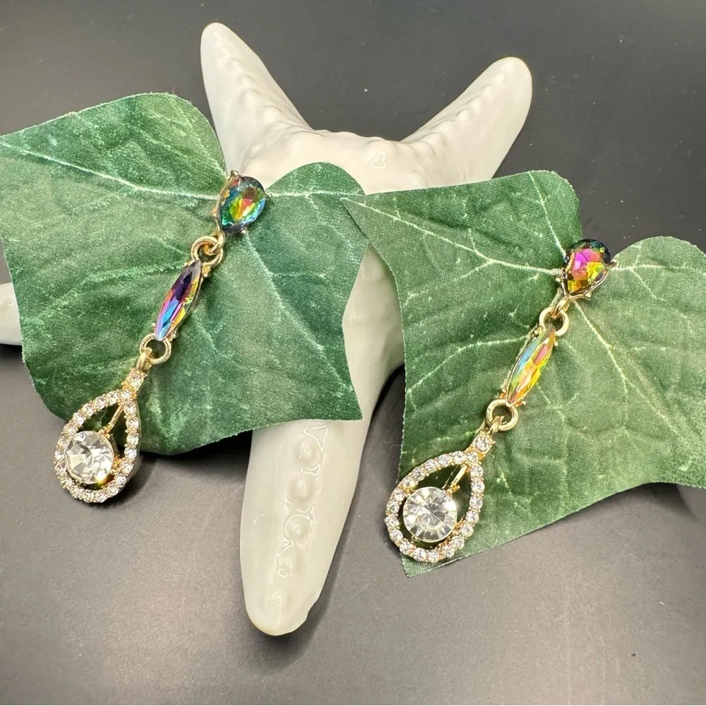 Iridescent Crystal Teardrop Dangle Earrings | Gold Rainbow Rhinestone Tear Drop