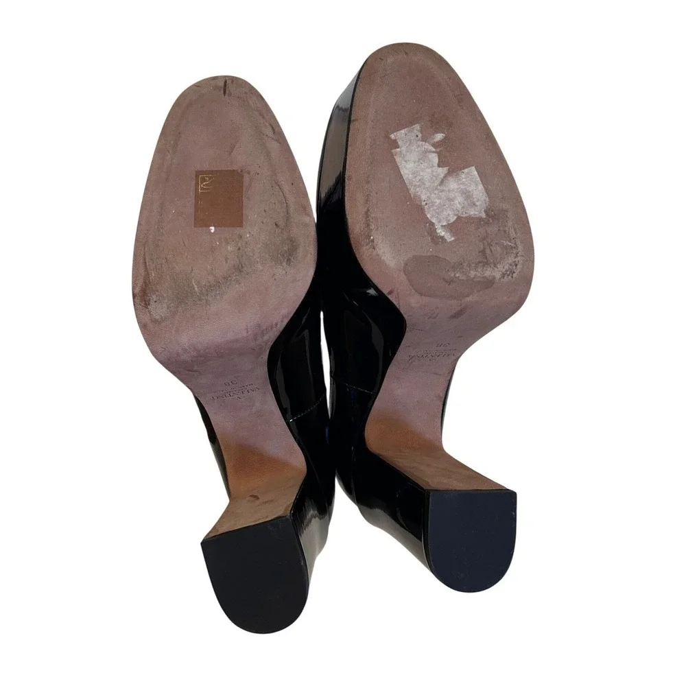 Valentino Garavani Tan-Go Black Patent Leather Platform Block Heel Pumps 38/7.5
