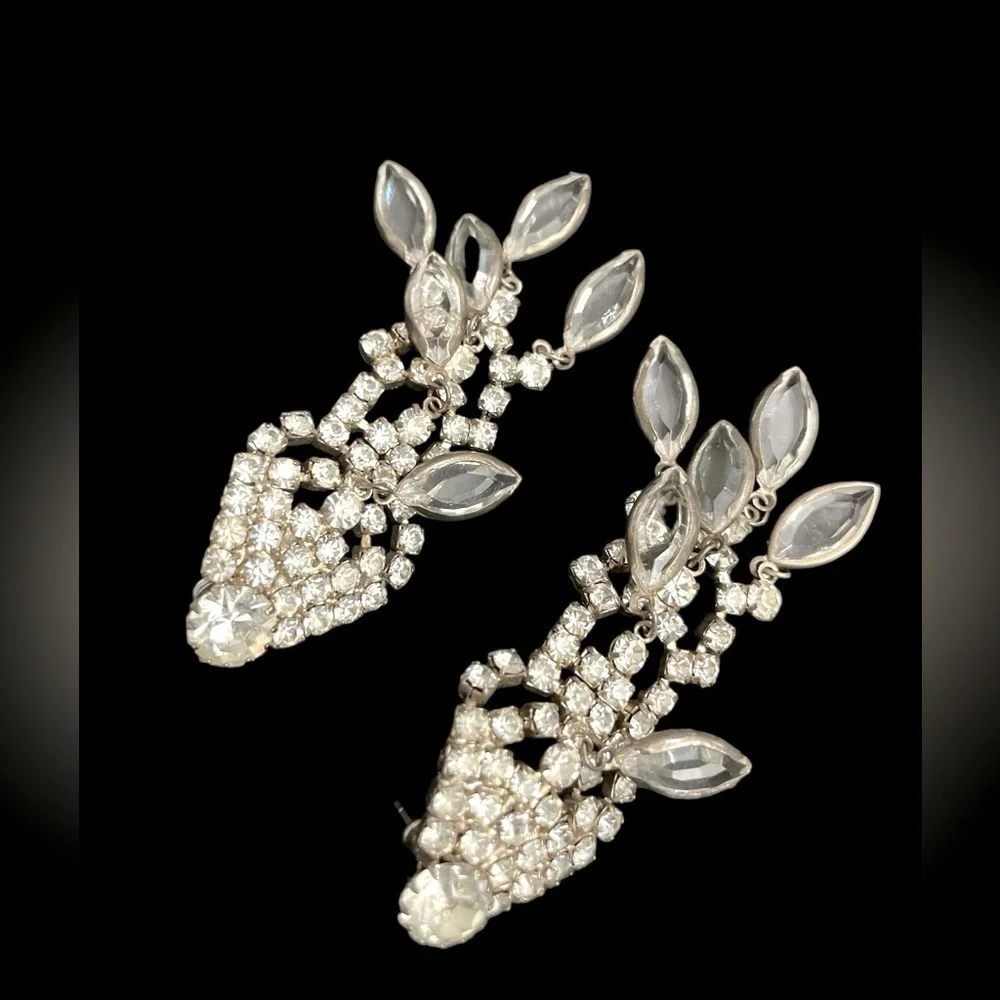 Stunning 1950’s Vintage Navette Crystal Rhinestone Chandelier Earrings.