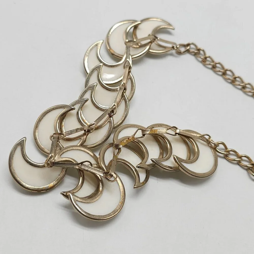 Vintage Gold Tone Chain Necklace With White Lucite Crescent Moon Links