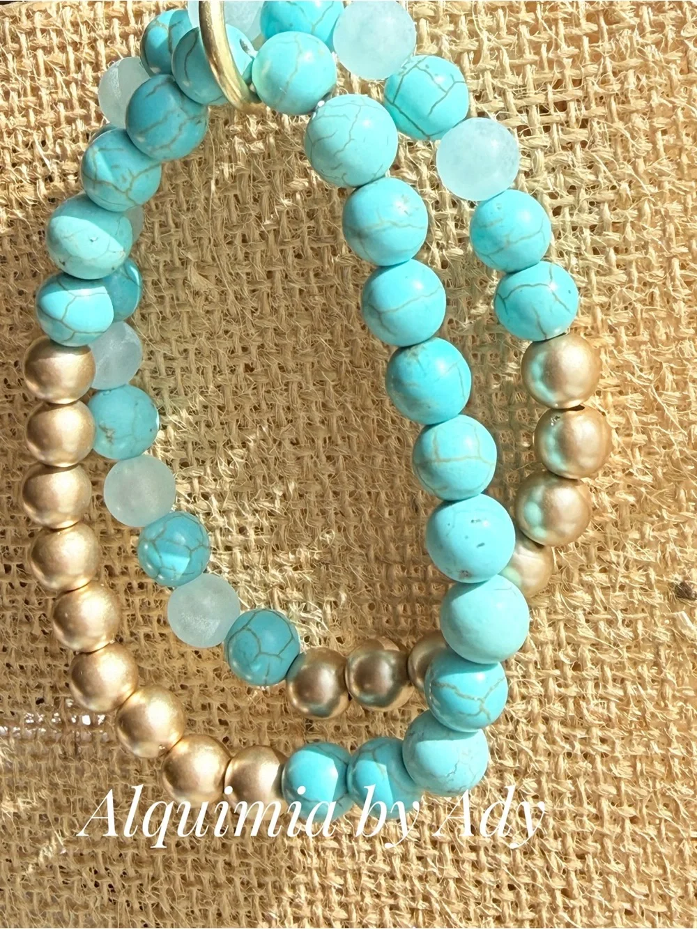 DUO + Stack +!Turquoise and Mint Beaded Bracelet with Antique-Gold