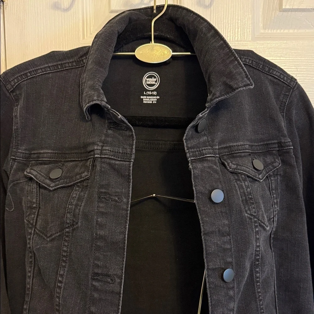 wonder nation Black Cropped Denim Jacket with Raw Fringe Hem