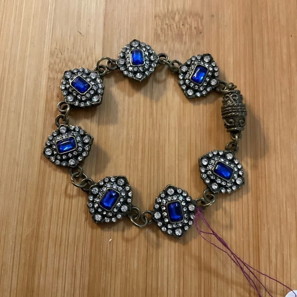Hand Crafted Bracelet Blue Crystals Clear Rhinestones Bronze Magnetic Clasp