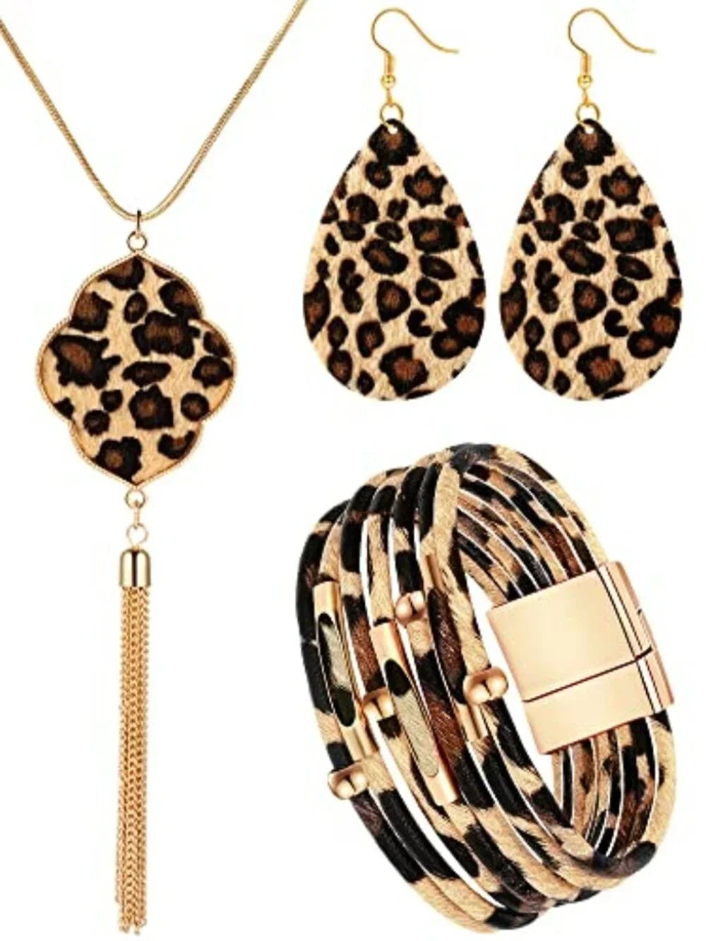 3‎ Pieces Leopard Earrings Bracelets Women Jewelry Bohemia Earrings Necklace