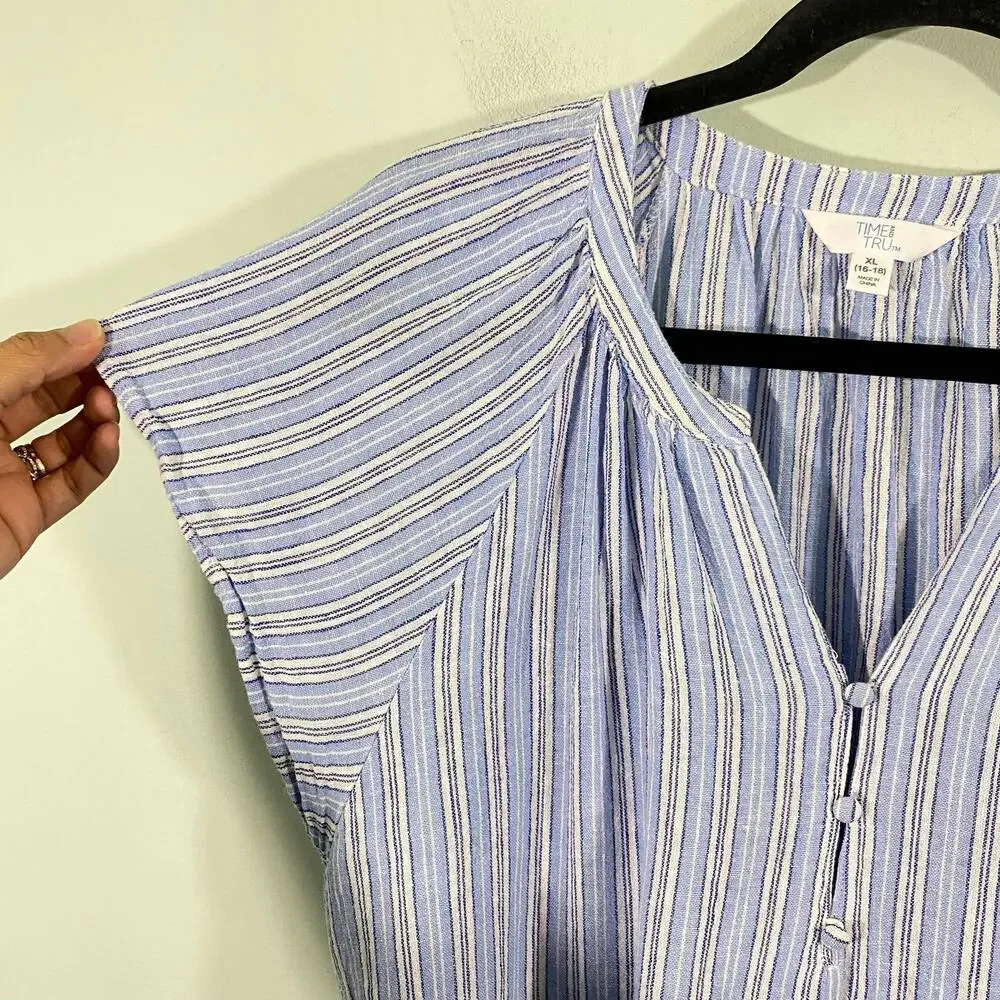 Time & Tru Women's Blue Striped Cap Sleeves Linen Blend Top Size XL (16-18)