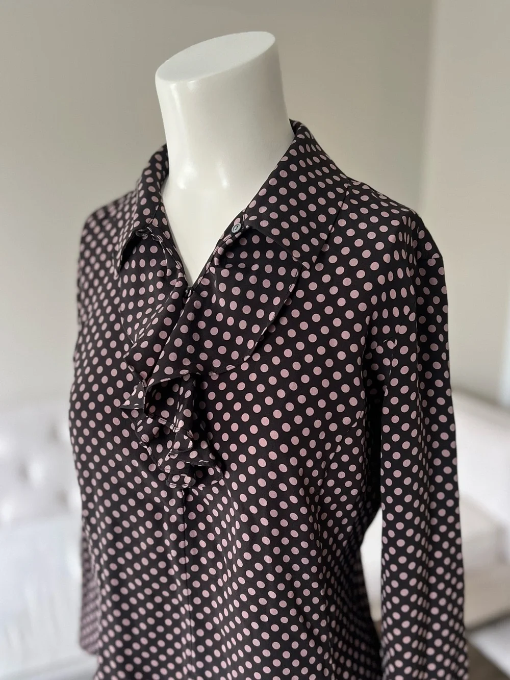 The Limited Silk Ruffle Blouse Espresso Brown with Blush Polka Dots