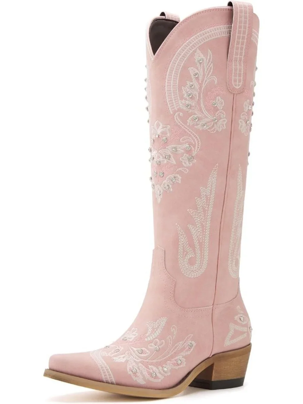 Women's Pink Knee High Faux Leather Pointed Toe Western Chunky Tall Heel Boots