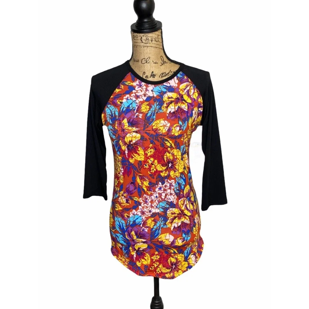 LuLaRoe Randy Baseball Tee XXS Orange Floral Abstract 3/4 Sleeve Raglan Shirt