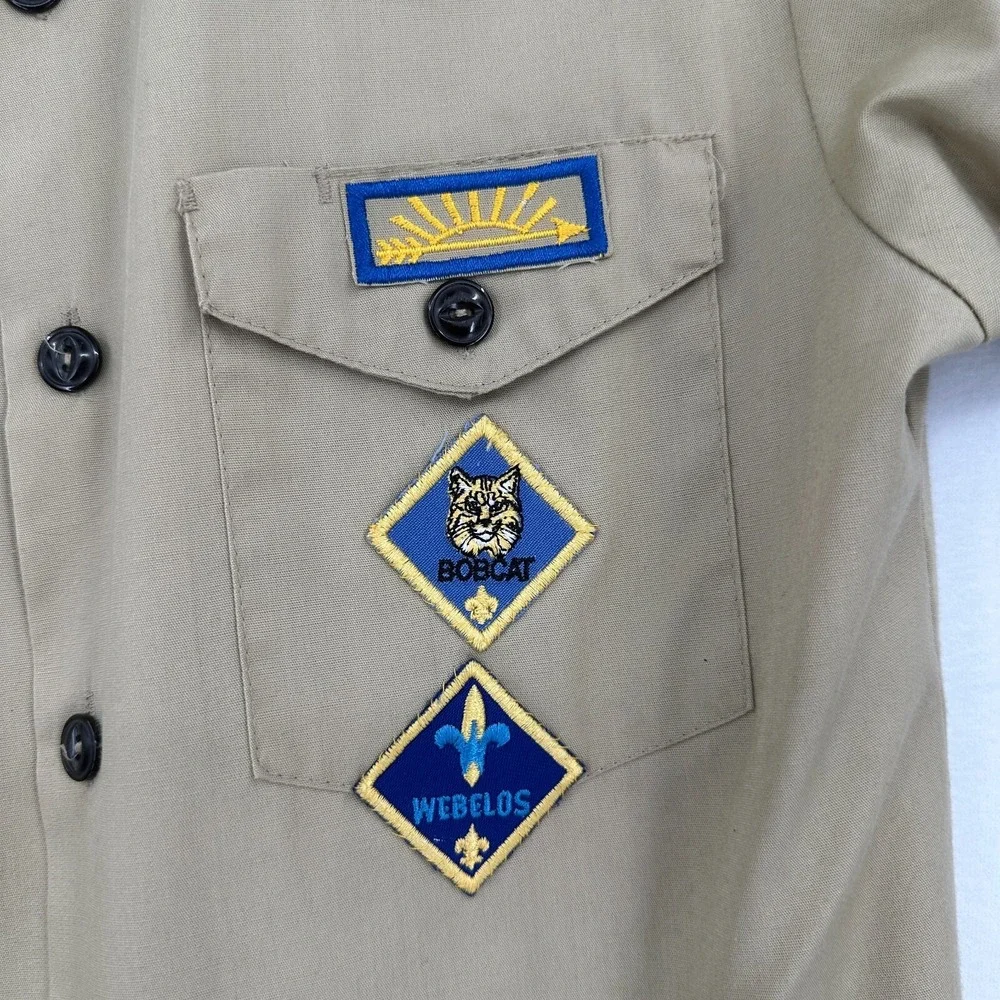 Vintage Boy Scout Of America Shirt Youth Large Tan Button Up Uniform Patches USA