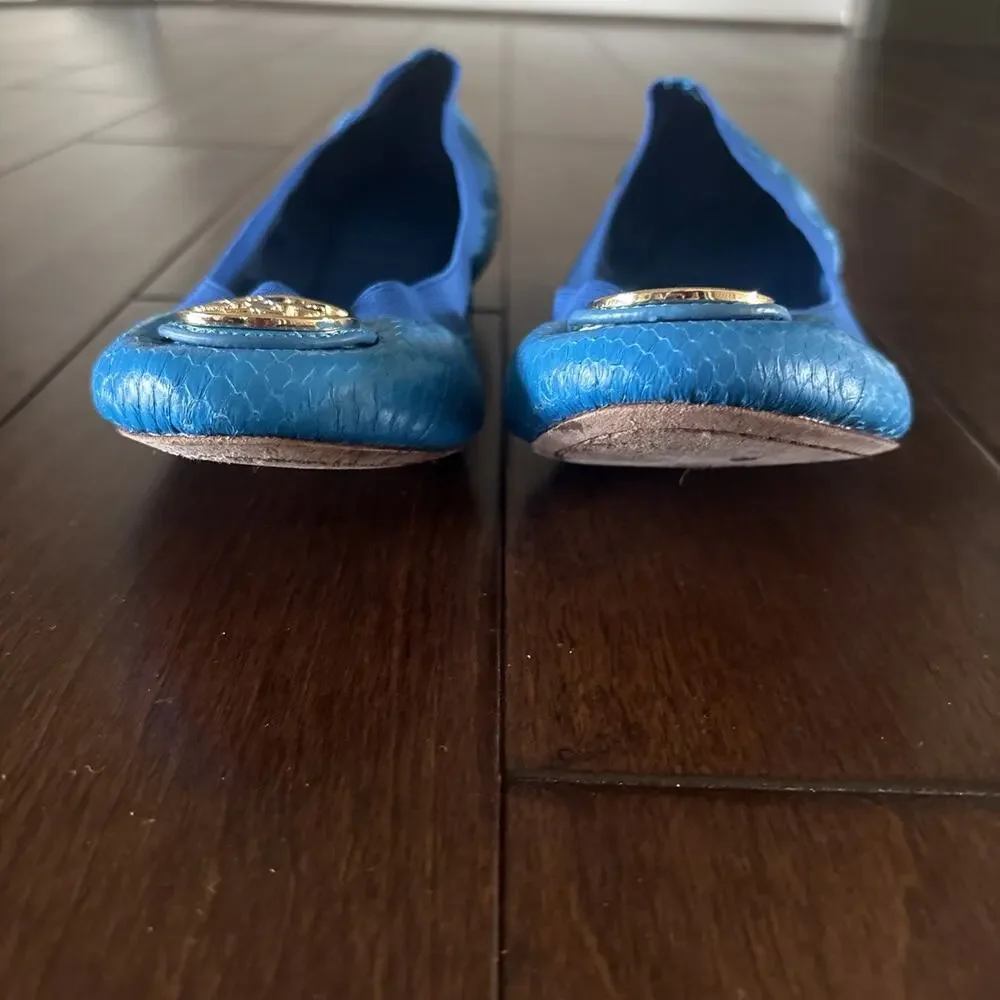Tory Burch Caroline Snakeskin Print Turquoise Blue Leather Ballet Flats 7.5 M